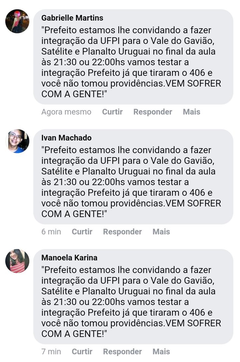 Comentários feitos por usuários na página da Prefeitura de Teresina