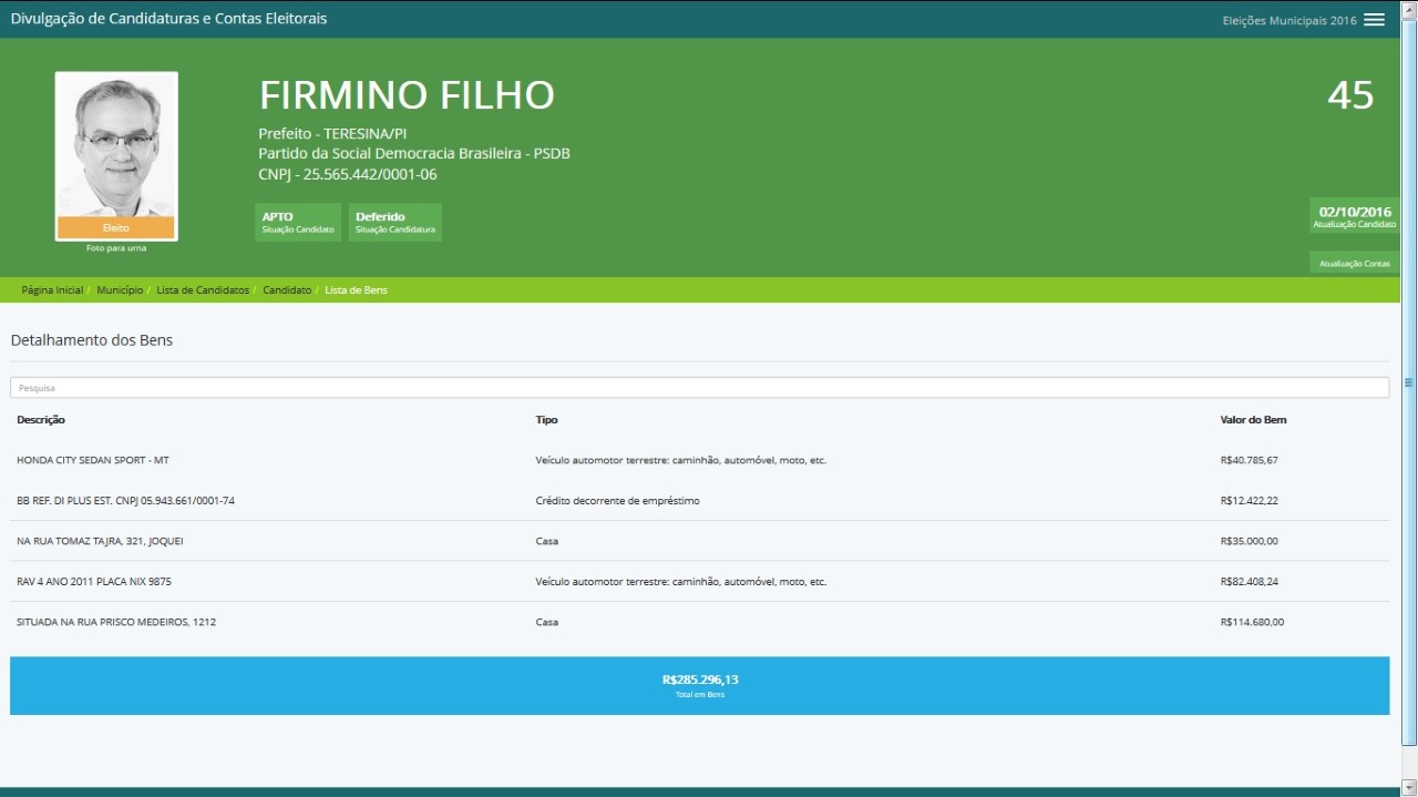 Declaração do prefeito Firmino Filho nas eleições de 2016