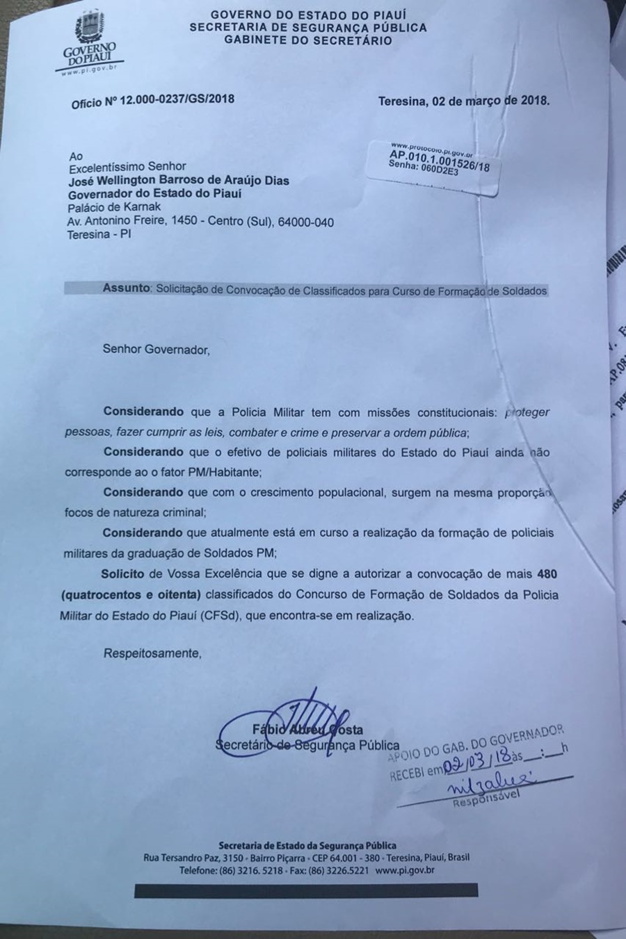 Ofício enviado pelo secretário Fábio Abreu ao governador Wellington Dias