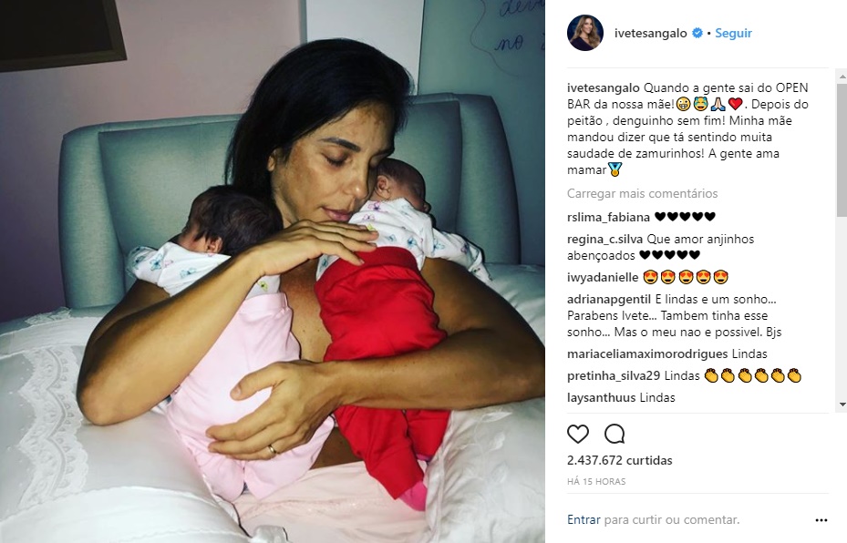 Ivete Sangalo posta foto cuidando das filhas gêmeas