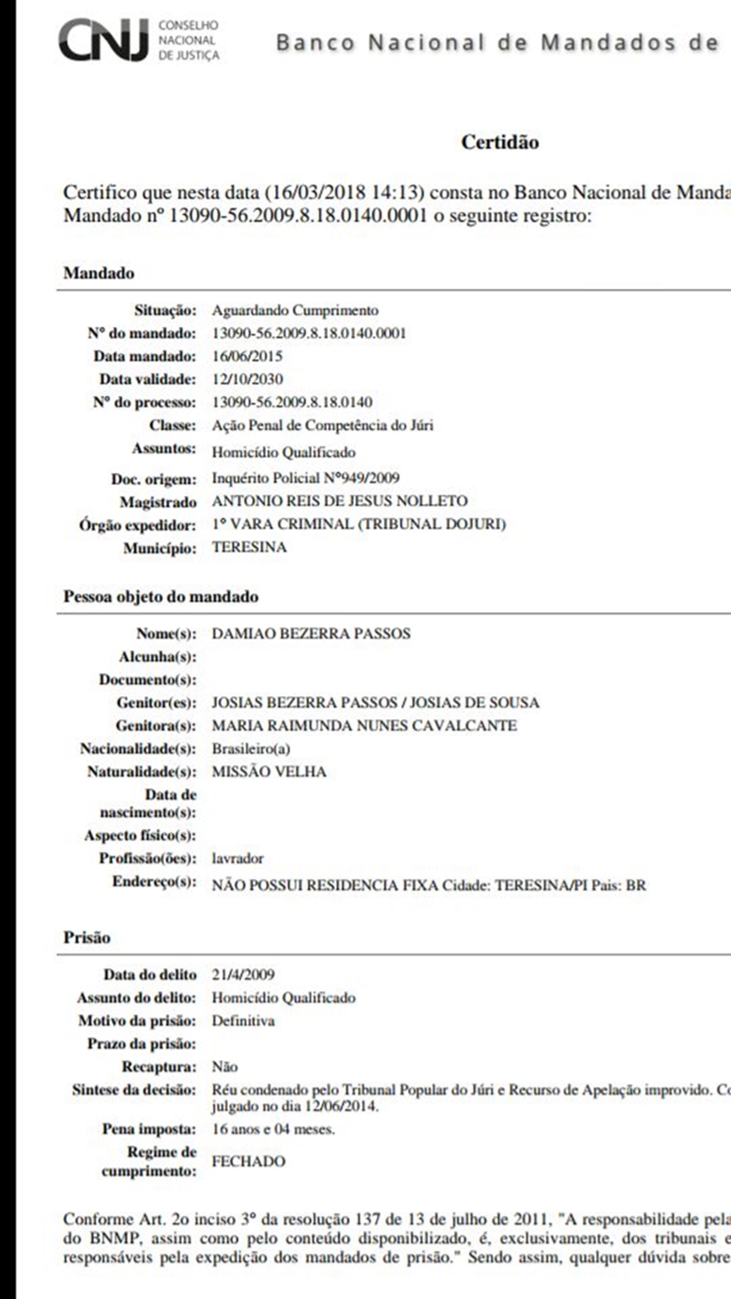 Mandado de prisão contra Damião Bezerra Passos, o Damião Cigano