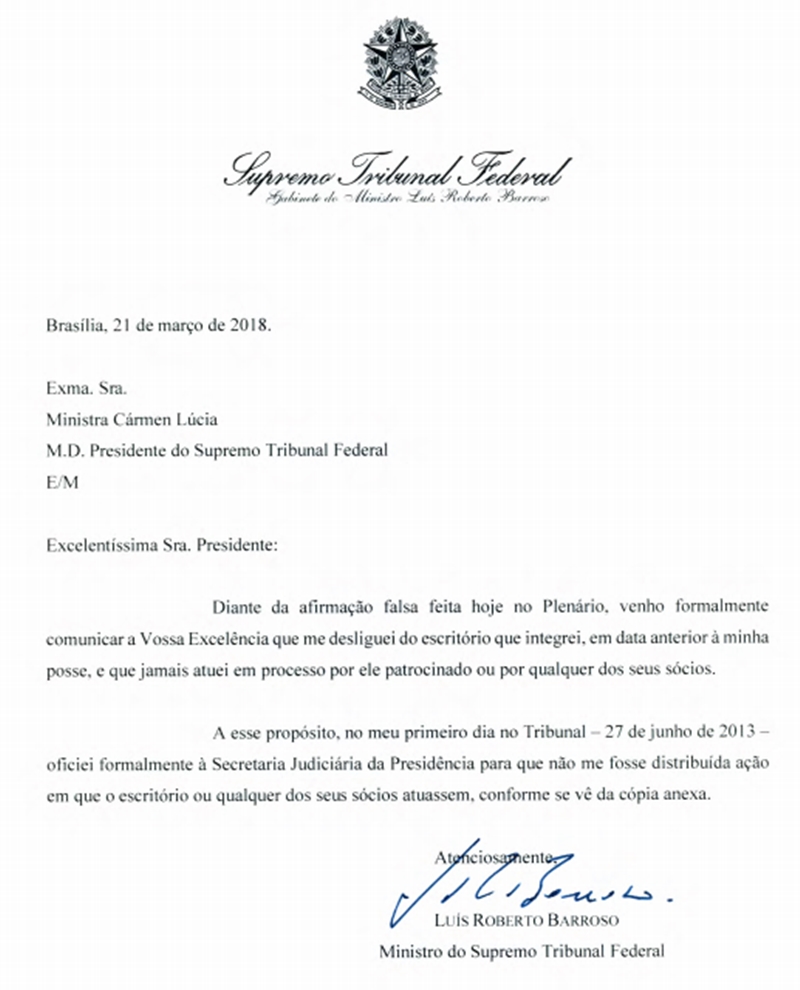 Luís Roberto Barroso enviou uma carta negando acusações feitas por Gilmar Mendes