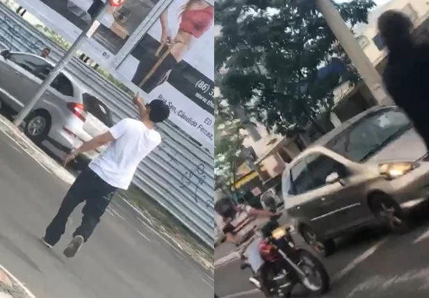 Rapazes controlam trânsito da Avenida Nossa Senhora de Fátima durante apagão em Teresina