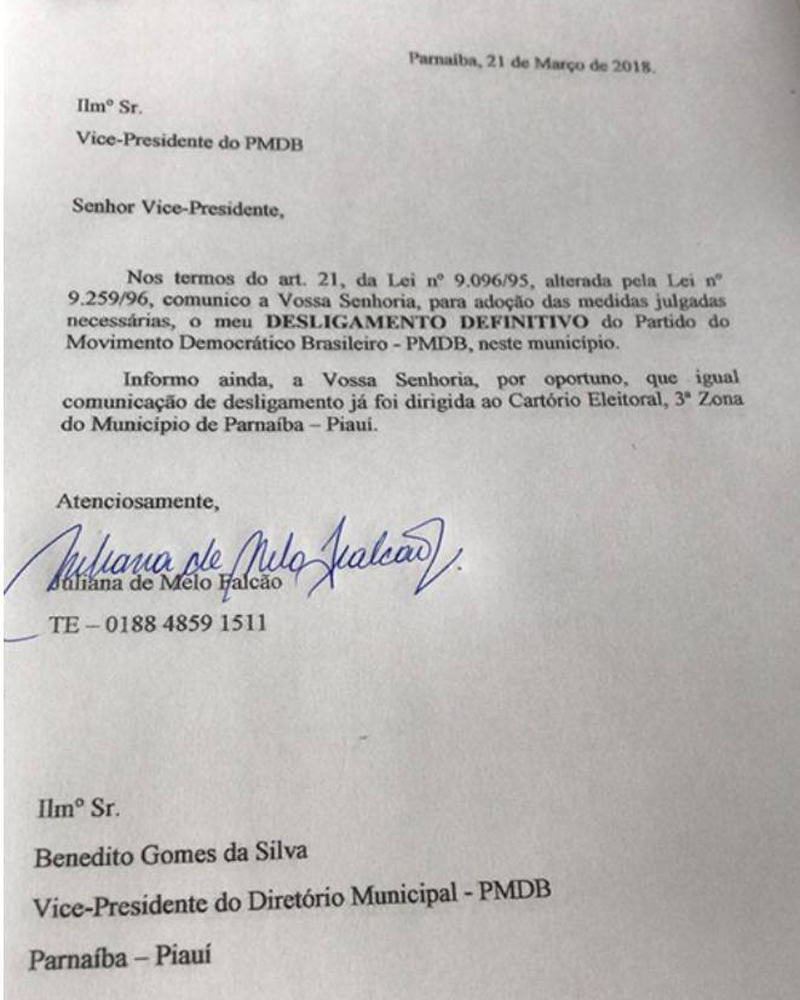 Documento onde Juliana Falcão comunica desfiliação