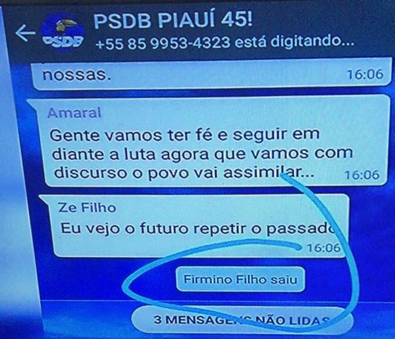 Firmino Filho saiu de grupo no Whasapp do PSDB