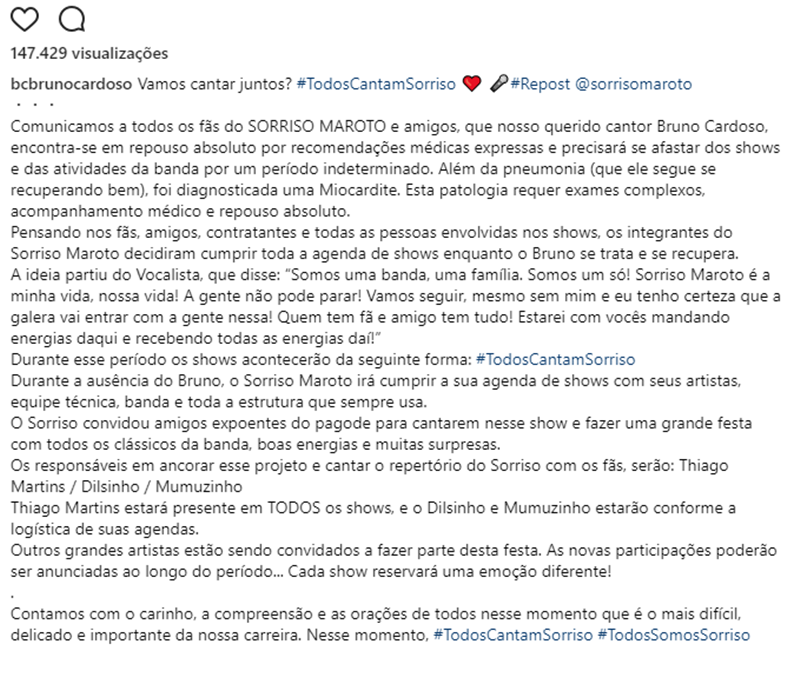 Publicação do comunicado no instagram