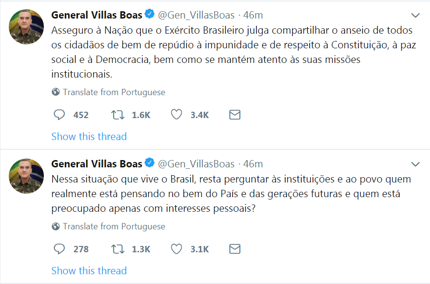 Postagens do general Villas Bôas no Twitter