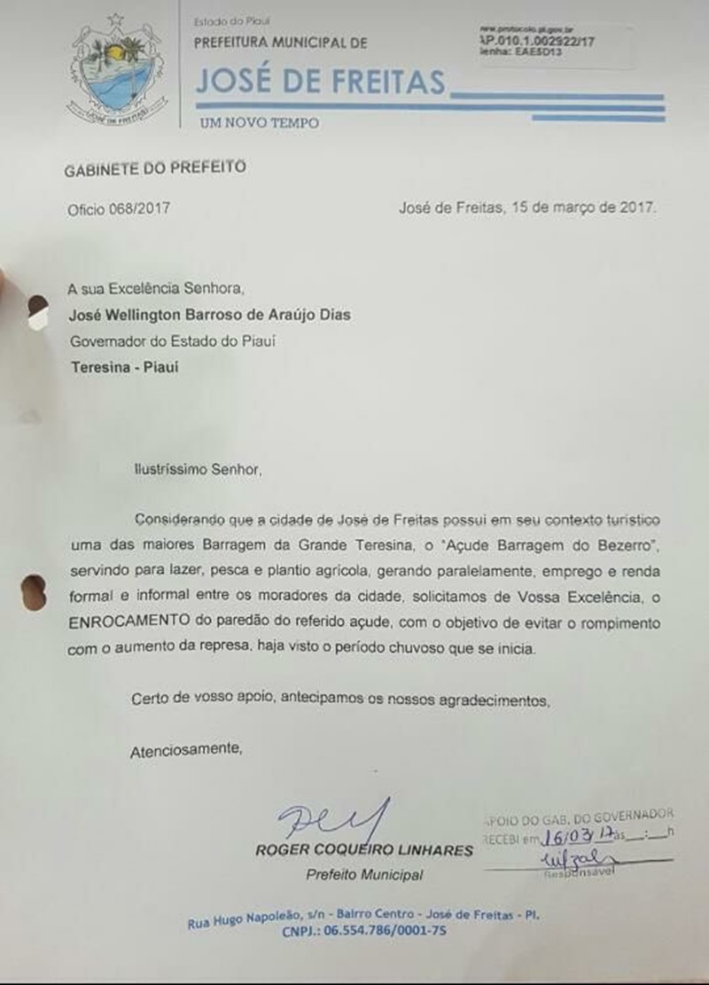 Ofício do prefeito de José de Freitas pedia a manutenção da Barragem do Bezerro