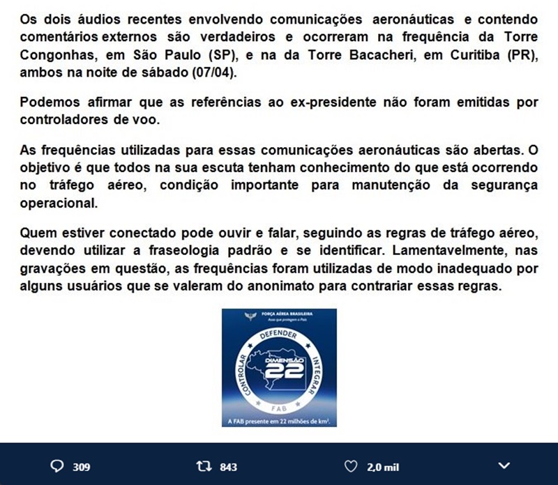 FAB confirmou autenticidade do áudio que falava de Lula durante voo para Curitiba