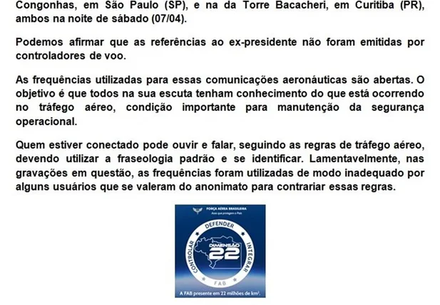 FAB confirmou autenticidade do áudio que falava de Lula durante voo para Curitiba
