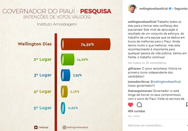 Postagem do governador em seu perfil do Instagram 
