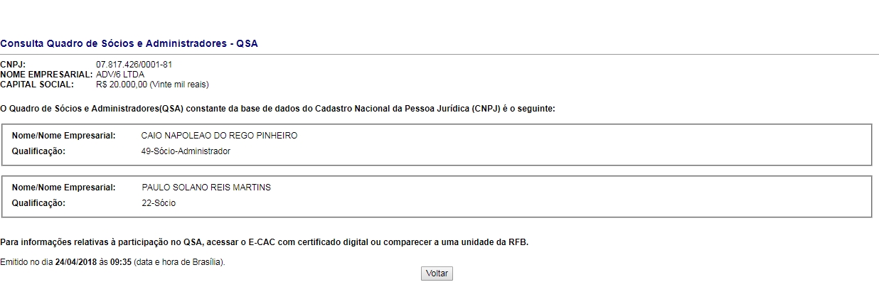 Consulta do quadro de sócios da ADV6