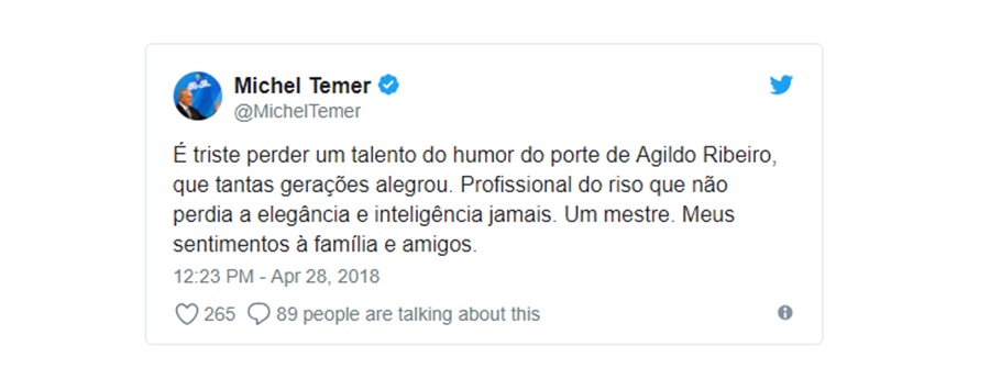 Michel Temer lamenta a morte de ator Agildo Ribeiro