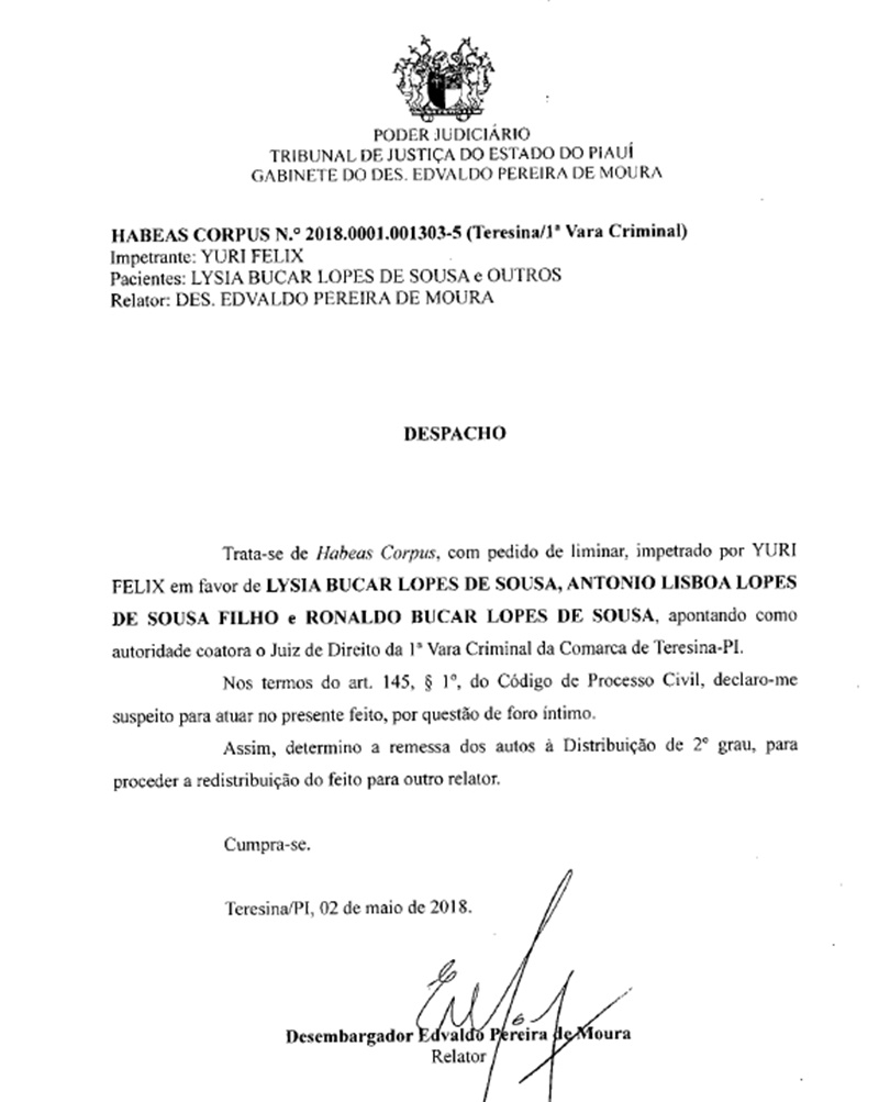 Decisão se declarando suspeito em 02 de maio de 2018