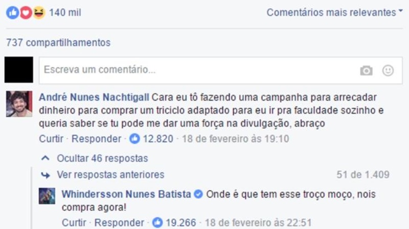Publicação em que Whindersson Nunes promete um veículo adaptado