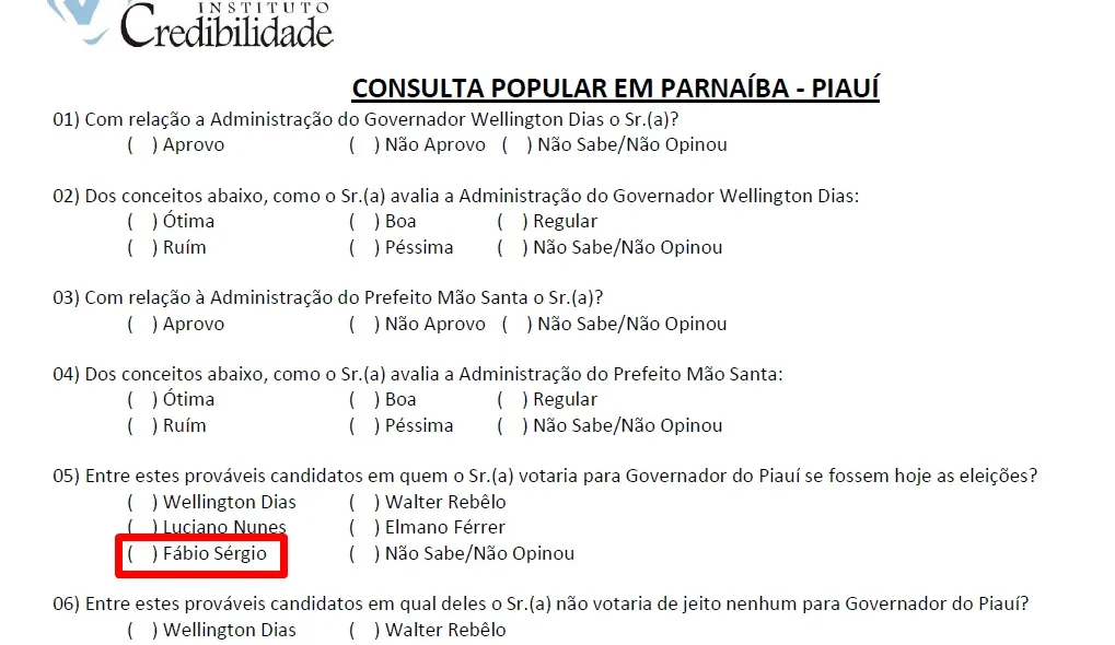 Pesquisa do Instituto Credibilidade em Parnaíba 