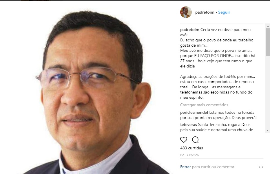 Padre Antônio Cruz diagnosticado com H1N1 agradece carinho dos fiéis