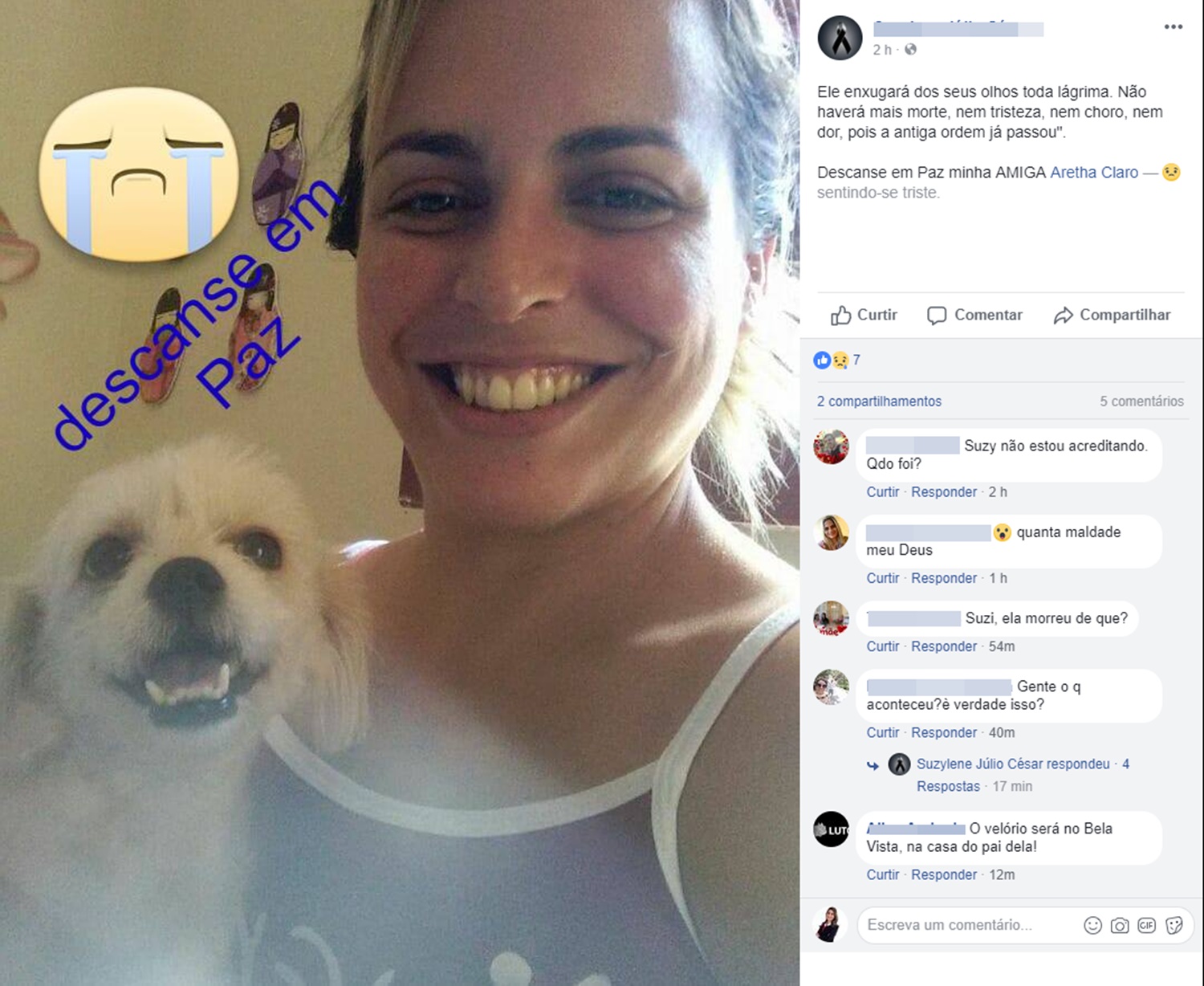 Amigos lamentam a morte de Aretha no Facebook