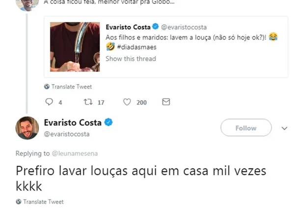 Evaristo responde comentário polêmico de seguidor no Twitter