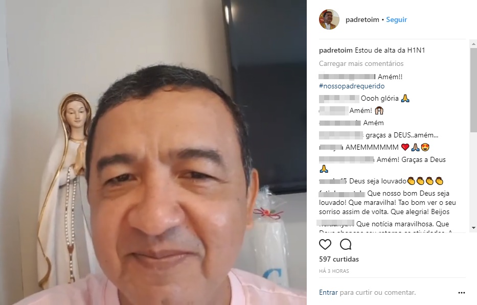 Padre Antônio Veira recebe alta após ser diagnosticado com H1N1