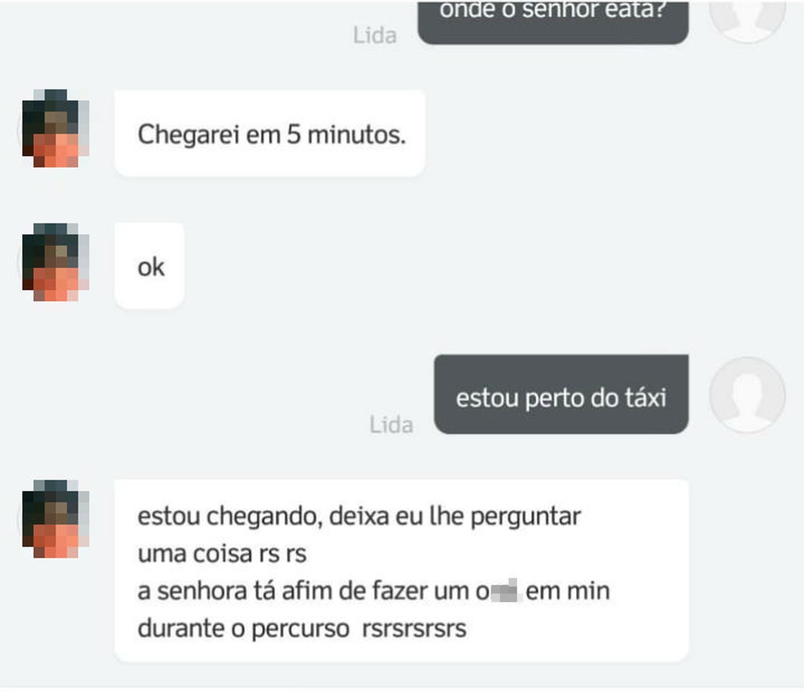 Mensagem recebida por passageira no 99 Táxis