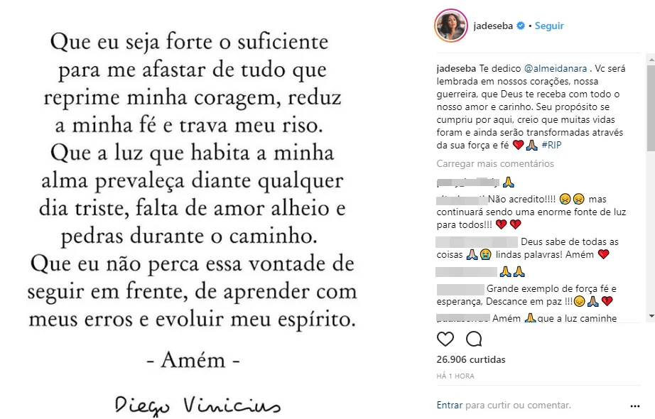 Jade Seba usa o Instagram para homenagear Nara Almeida