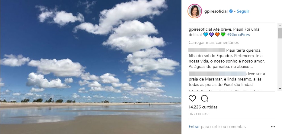 A atriz Glória Pires se despediu do litoral piauiense com publicação no Instagram