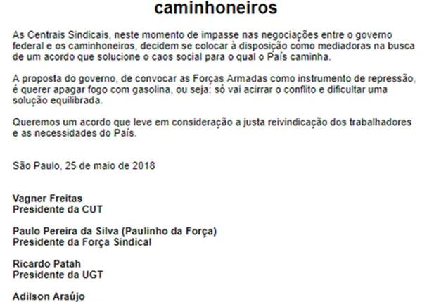 Nota das centrais sindicais 