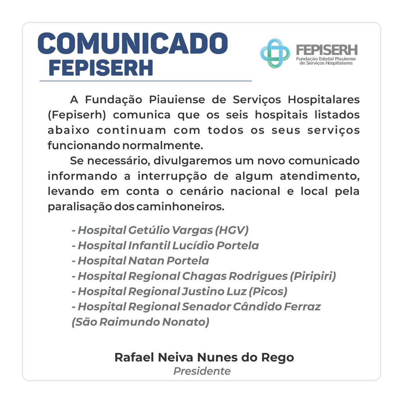 Comunicado enviado pelo Fepiserh