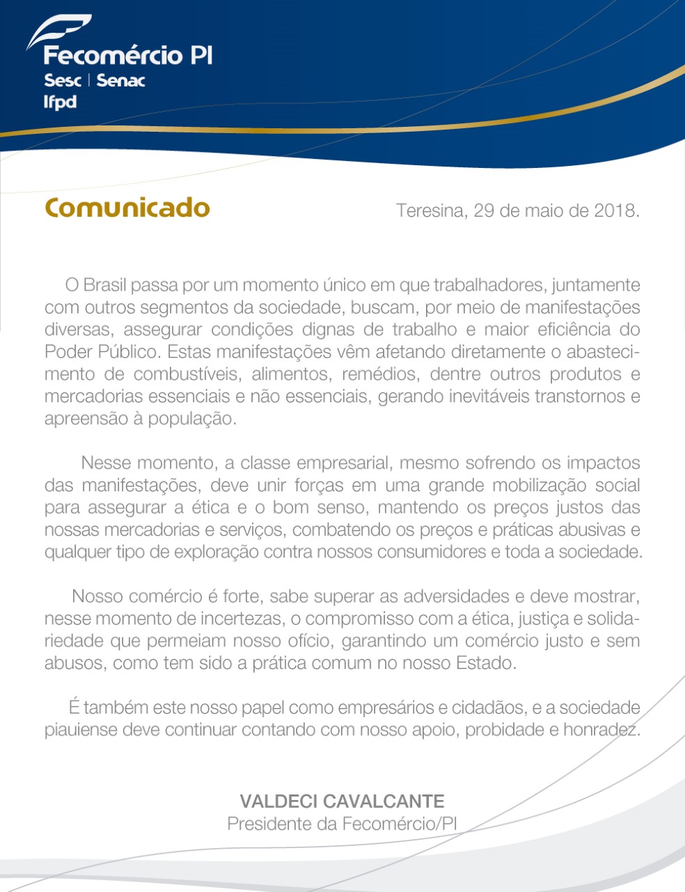 Comunicado da Fecomércio/PI