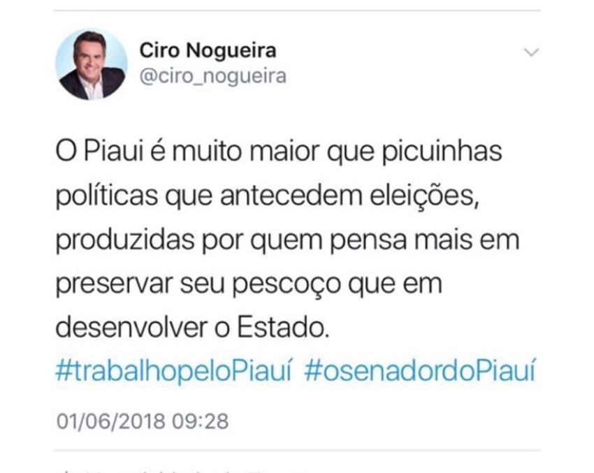 Publicação do senador Ciro Nogueira no Twitter