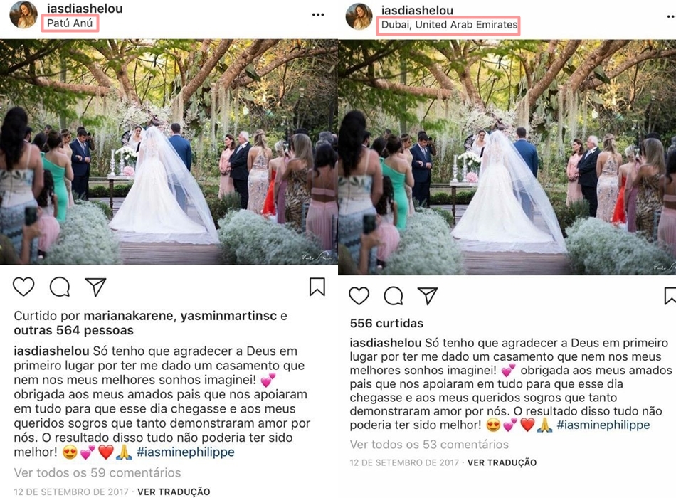 Publicação verdadeira postada por Iasmin e publicação falsa repassada nas redes sociais