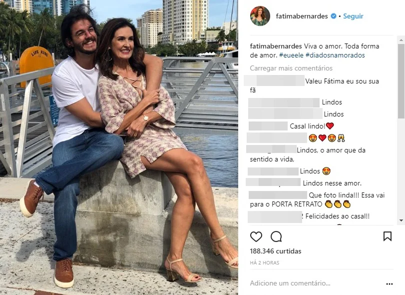 A apresentadora Fátima Bernardes celebra dia dos namorados ao lado de Túlio Gadelha