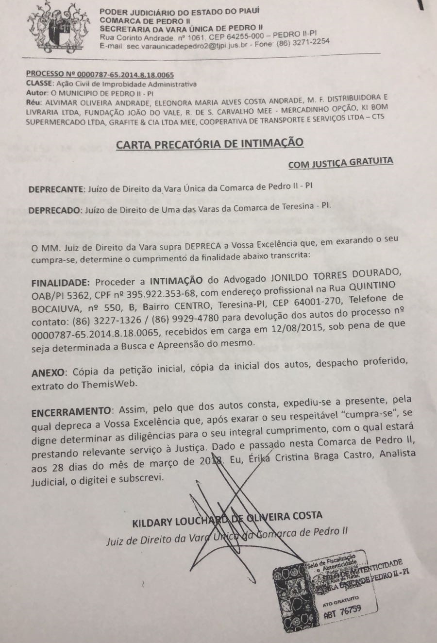 Carta precatória de intimação