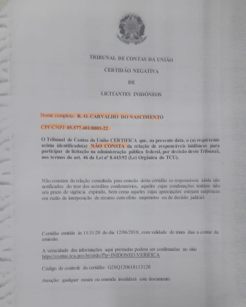 Certidão apresentada pela Prefeitura de Teresina
