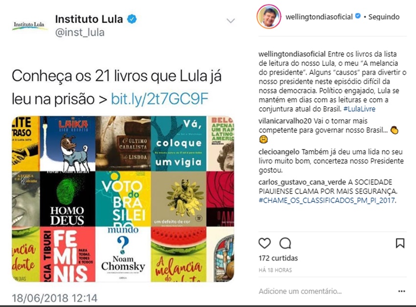 Lula lê livro de Wellington Dias na prisão