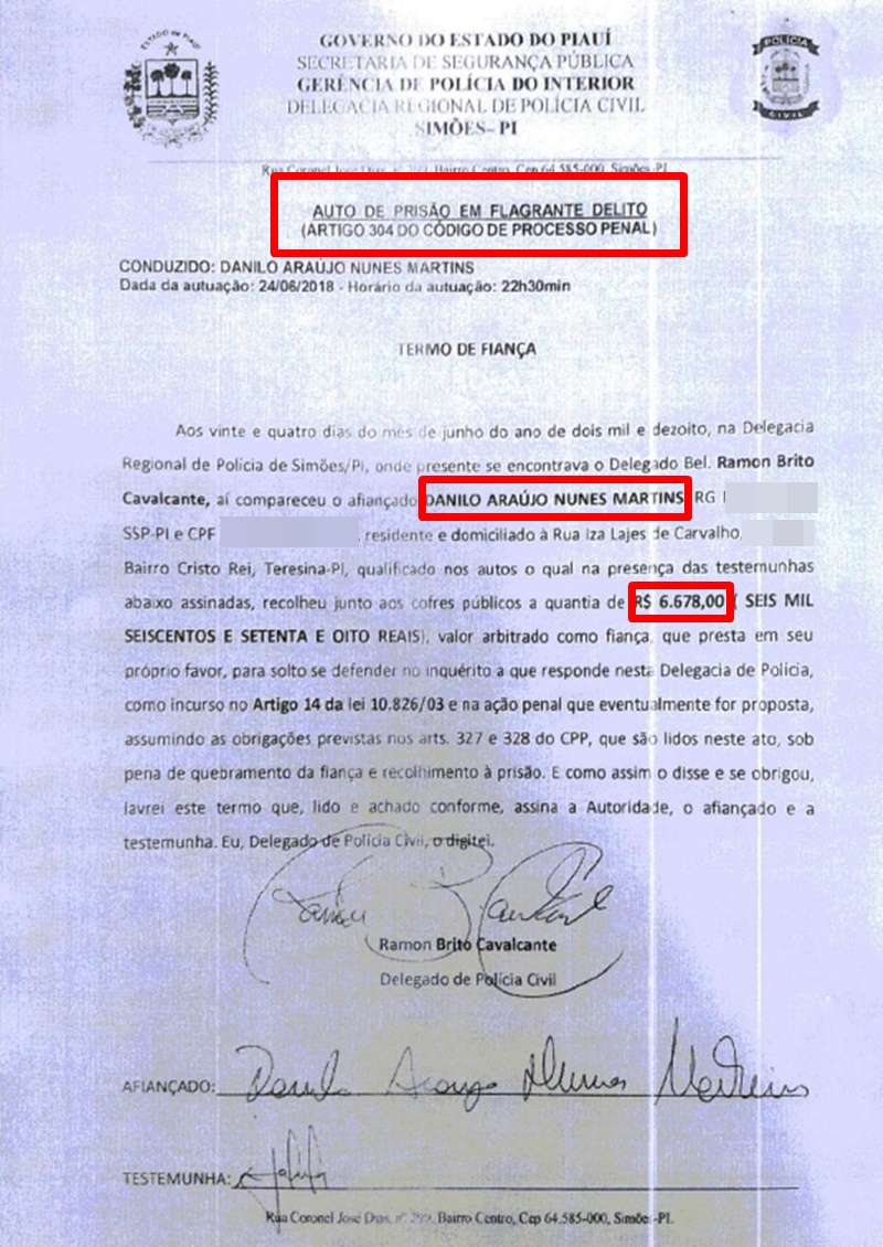 Auto de prisão em flagrante de Danilo Araújo Nunes Martins