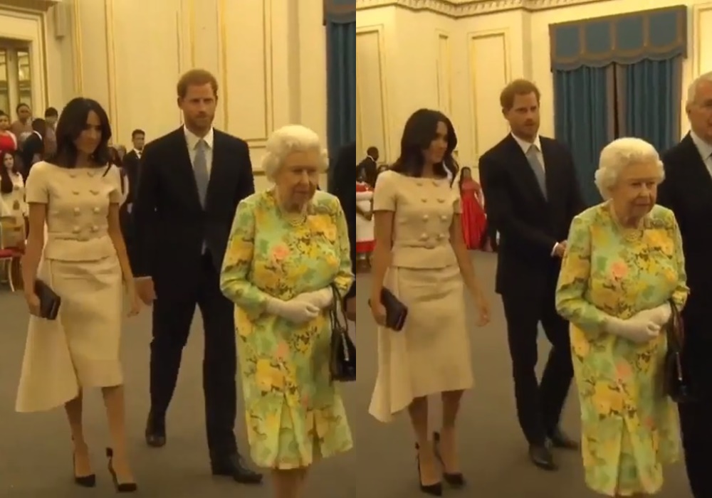 Meghan tenta segurar a mão do marido Harry na presença da rainha