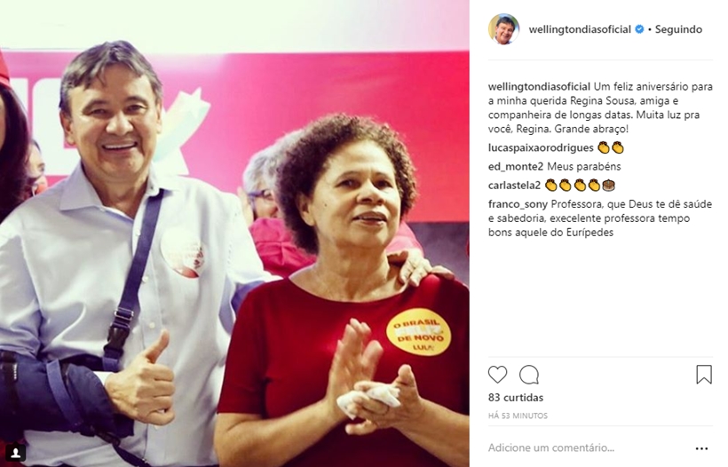 Wellington Dias parabeniza Regina Sousa por aniversário