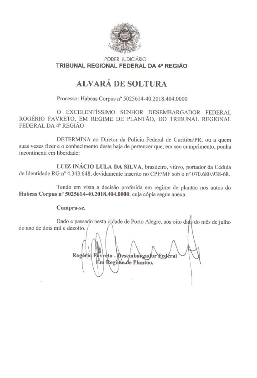 Alvará de soltura de Lula