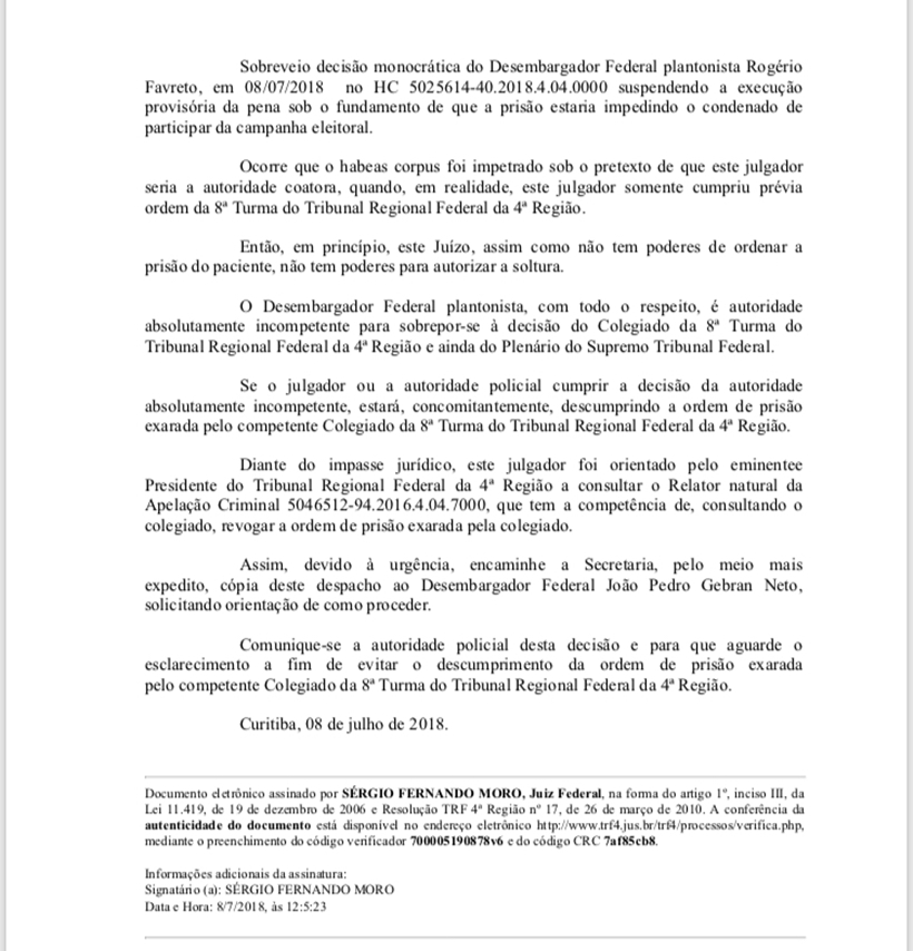 Despacho do juiz Sérgio Moro