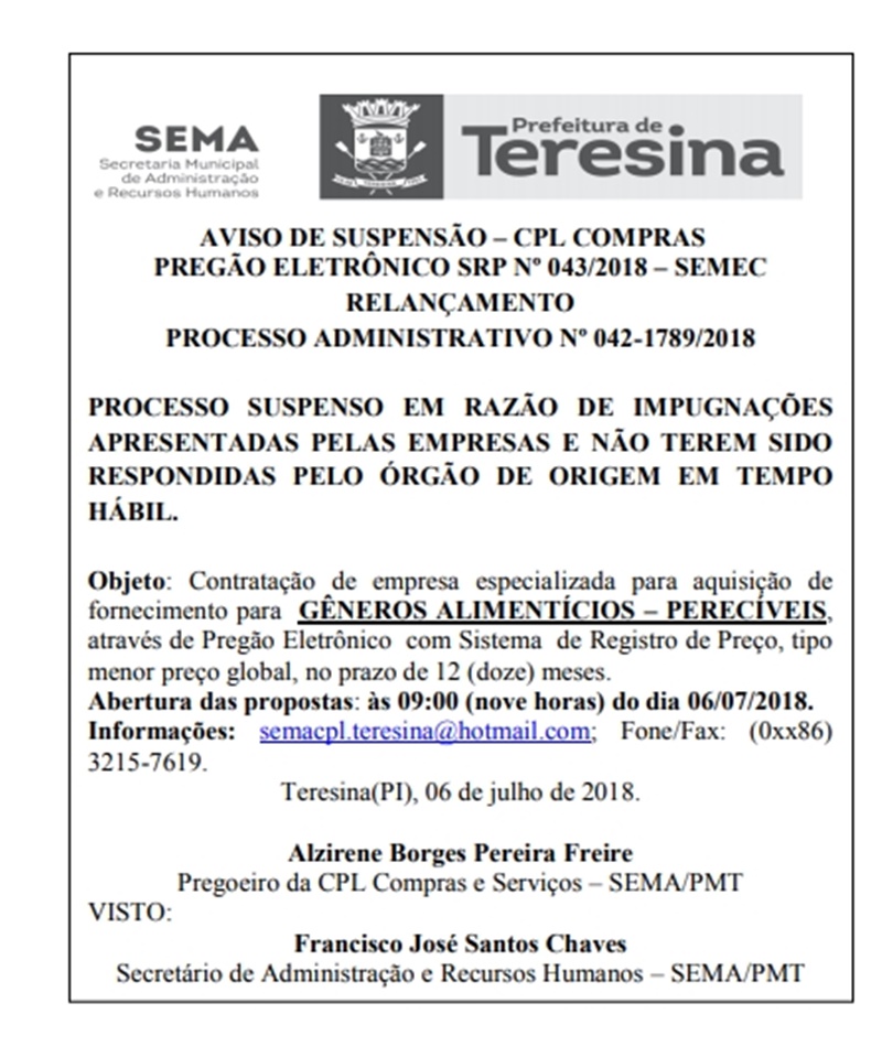 Prefeito Firmino Filho cancelou a licitação 