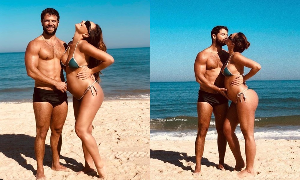 Sabrina Sato exige barrigão em praia com o marido