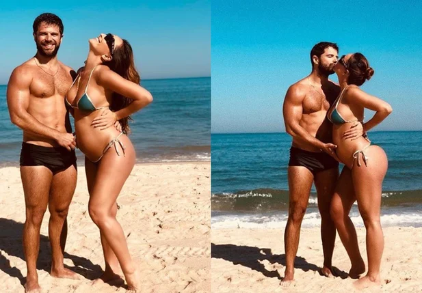 Sabrina Sato exige barrigão em praia com o marido