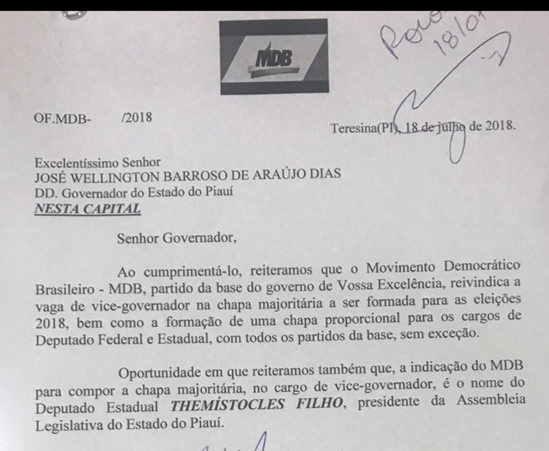 Wellington Dias recebe carta de deputados do MDB