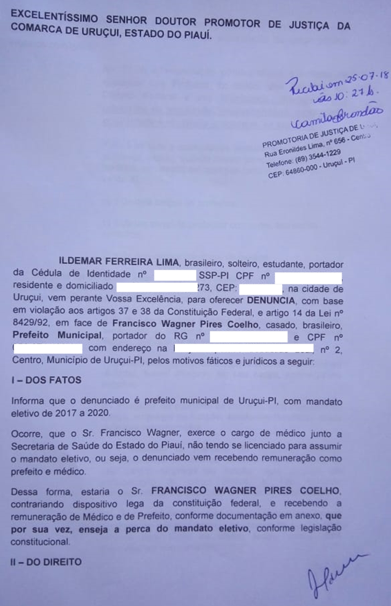 Denúncia protocolada no Ministério Público do Estado
