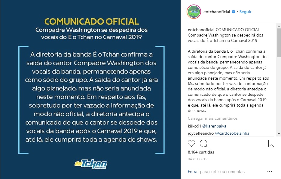 É o Tchan anuncia saída do vocalista Compradre Washington