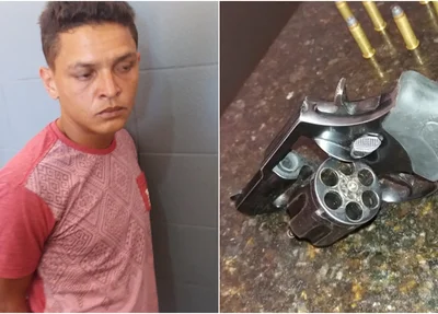Marlo Garcez e a arma que foi apreendida