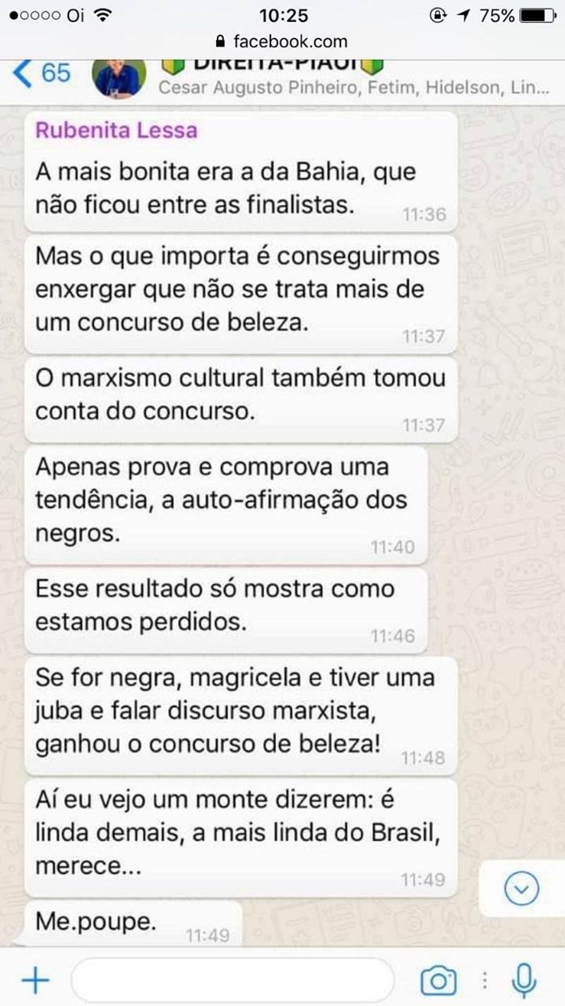 Rubenita Lessa em publicação realizada em grupo de Whatsapp
