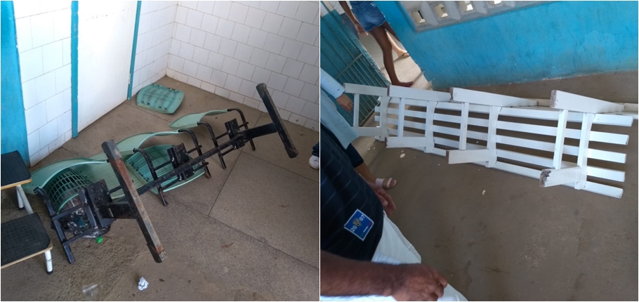 Bancos da sala de espera também foram depredados 